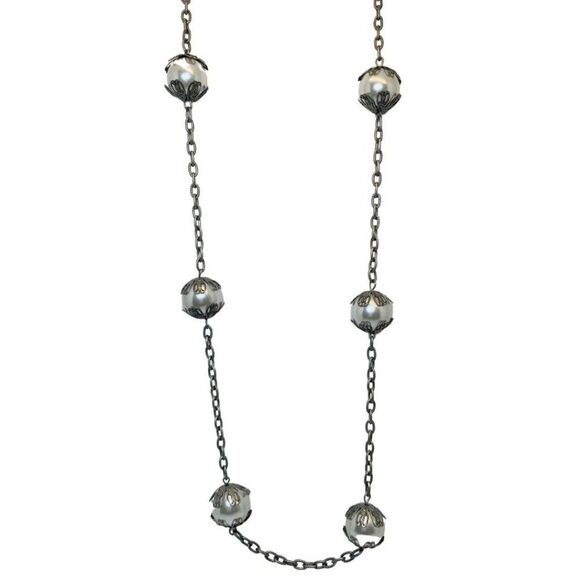 Womens Bold Faux Silver Pearl Beaded Silver Tone Vintage Station Necklace 27.5” - Picture 1 of 6